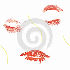 vector pattern, realistic lipstick vectorised and blond single hair in a repeating pattern on white background.