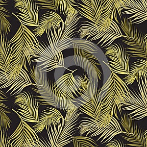 Vector pattern, repeating golden palm leaves on dark background. pattern is clean for fabric, wallpaper, printing.