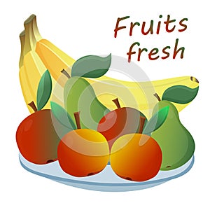 Vector pattern ripe fresh fruits. On a plate of red and green apples with pears and bananas