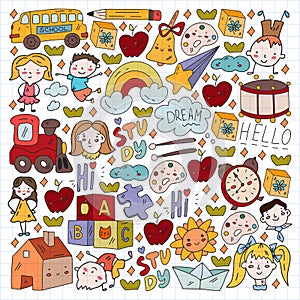 Vector pattern. School and online education. Little boys and girls play and grow together.