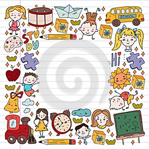 Vector pattern. School and online education. Little boys and girls play and grow together.