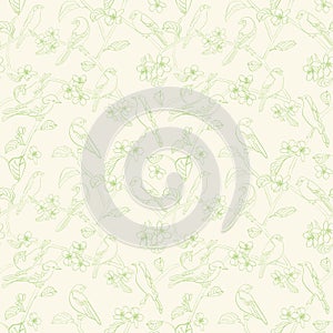 vector pattern with silhouettes of birds and apple tree flowers. Spring. Light green seamless background