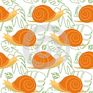 Vector pattern with snails and silhouettes of monstera leaves