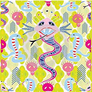 Vector pattern with snake or dragon with big eyes, eyebrows, vibrant colors. Snake skin cells on the white background