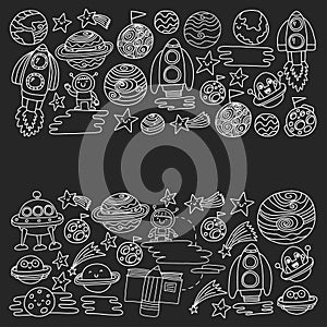 Vector pattern with space icons. Doodle kids drawing style illustration for kindergarten, school. Cosmos exploration