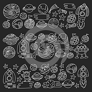 Vector pattern with space icons. Doodle kids drawing style illustration for kindergarten, school. Cosmos exploration