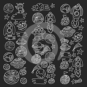 Vector pattern with space icons. Doodle kids drawing style illustration for kindergarten, school. Cosmos exploration