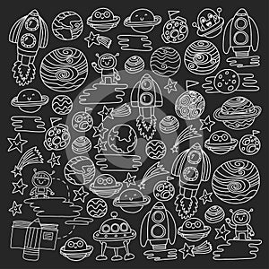 Vector pattern with space icons. Doodle kids drawing style illustration for kindergarten, school. Cosmos exploration