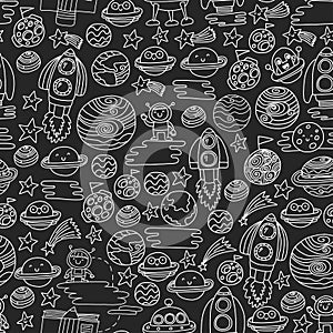 Vector pattern with space icons. Doodle kids drawing style illustration for kindergarten, school. Cosmos exploration