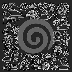 Vector pattern with space icons. Doodle kids drawing style illustration for kindergarten, school. Cosmos exploration