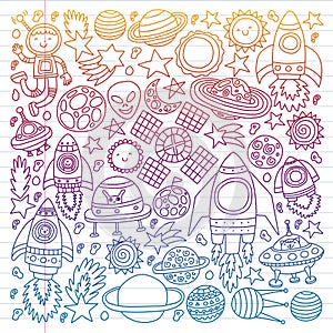 Vector pattern with space icons, planets, spaceships, stars, comets, rockets, space shuttle, flying saucers.