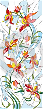 Vector pattern for stained glass red flowers on blue background