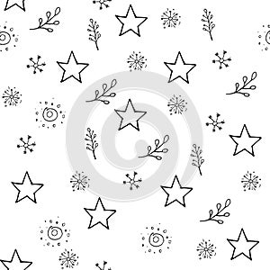 Vector pattern with stars, cute branches and abstract elements. Hand drawn illustration, black color on white background.