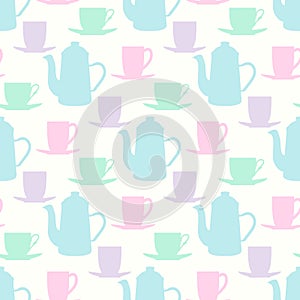 Vector pattern with teapots, tea mugs and coffee cups