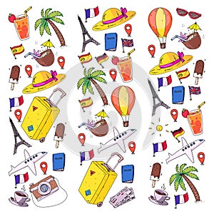 Vector pattern with travel icons. Get ready for adventures and travel. Great vacation, holidays. Hot air balloon