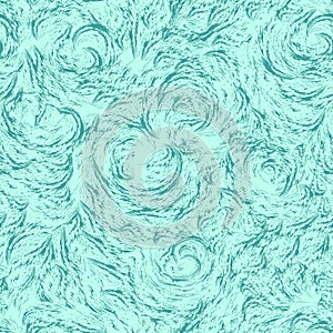 Vector pattern in turquoise color. Marine seamless motif made of splashes and waves. Texture of spirals of curls and