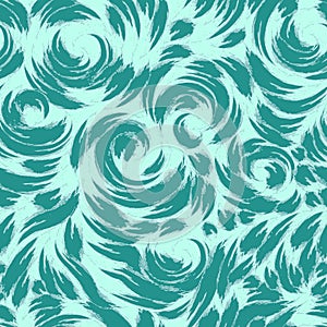 Vector pattern in turquoise color. Marine seamless motif made of splashes and waves. Texture of spirals of curls and