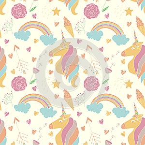 Vector pattern with unicorns, rainbows, flowers etc.