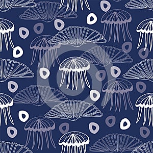 Vector pattern with white jelly fish and mussles, shells and bubbles.