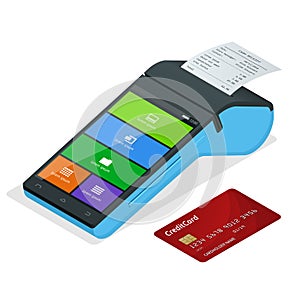 Vector payment machine and credit card. POS terminal confirms the payment by debit credit card, invoce. Isometric
