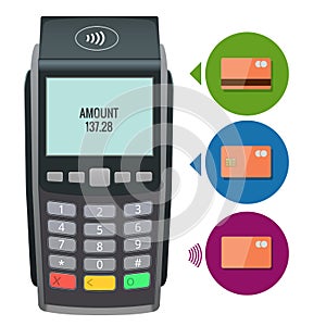 Vector payment machine and credit card. POS terminal confirms the payment by debit credit card, invoce. Vector