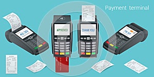 Vector payment machine and credit card. POS terminal confirms the payment by debit credit card, invoce. Vector photo