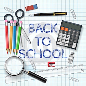 Vector pen, calculator and other school supplies.