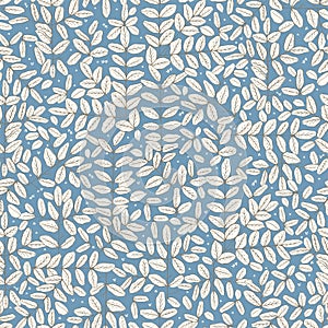 Vector pen drawing branches and leaves motif seamless repeat pattern blue background