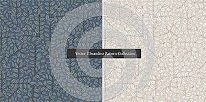 Vector pen drawing branches and leaves motif seamless repeat pattern collection set