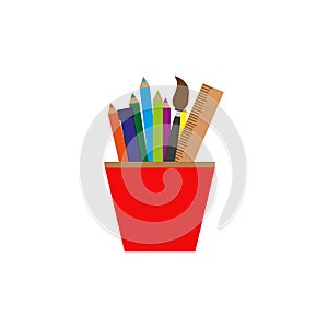 Vector pencils and ruler in glass colorful icon over white background, flat isolated