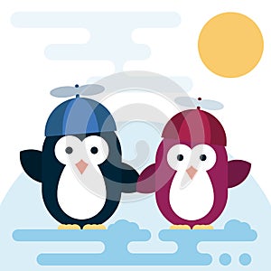 Vector penguins characters stylized as a children with the propeller hats.