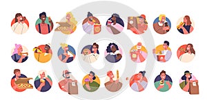 Vector People Avatars. Cheerful Characters Within Round Icons Interacting With Various Edibles Including Pizza, Burgers