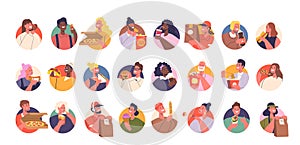 Vector People Avatars. Cheerful Characters Within Round Icons Interacting With Various Edibles Including Pizza, Burgers photo