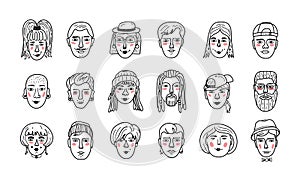 Vector people faces, Funny doodle avatars. Hand-drawn portraits fashionable girls and guys. Coloring book, Vector