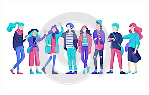 Vector people friends character. Group of teenagers in winter or autumn trendy clother