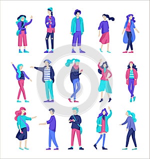 Vector people friends character. Group of teenagers in winter or autumn trendy clother