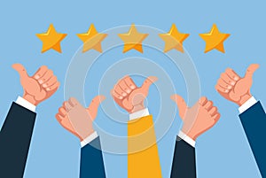 Vector of people hands giving thumbs up, concept of customer review, a five star rating and positive feedback