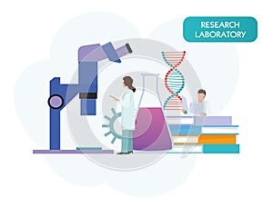 Vector people scientists research in laboratory process. Vector flat cartoon illustration