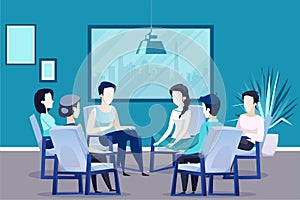 Vector of people sitting on chairs arranged in a circle discussing psychological problems being counseled