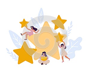 Vector people women are holding stars, giving five star feedback. Clients choosing satisfaction rating and leaving