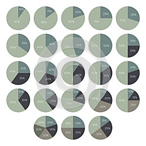 Vector percentage infographics. 10 15 20 25 30 35 40 45 50 55 60 65 70 75 80 85 90 percent pie charts. Circle diagrams isolated