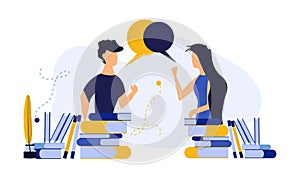 Vector person communication with woman and man concept illustration. Social network media connection people with technology chat.