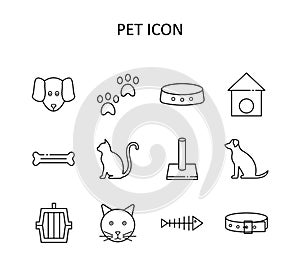 Vector pet icon - dog, cat, pet carrier; bowl; bone; fish; paws; scratching post; collar