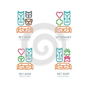 Vector pet shop, veterinary outline logo, emblem, label design. Template for vet, pet care, cats and dogs grooming