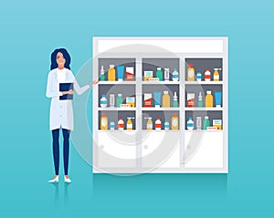 Vector of pharmacy counter with shelves and health care professional
