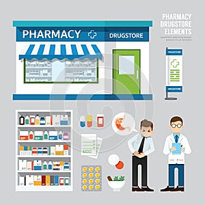 Vector pharmacy drugstore set design, shop store, package,