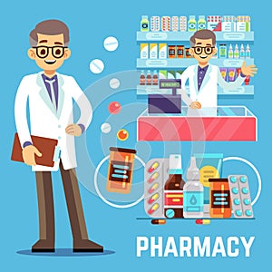 Vector pharmacy elements with male pharmacist, vitamins and drugs