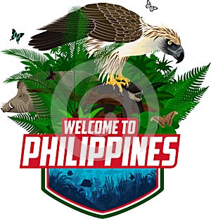 Vector Philippines jungle rainforest emblem with coral reef, giant atlas moth, bearded pig and philippine eagle