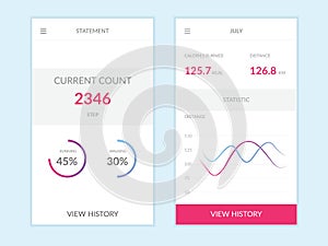 Vector phone interface with graph, chart, raiting elements