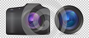 Vector photo camera with lens. Realistic colorful analog photo camera isolated on transparent background. 3d photorealistic icon